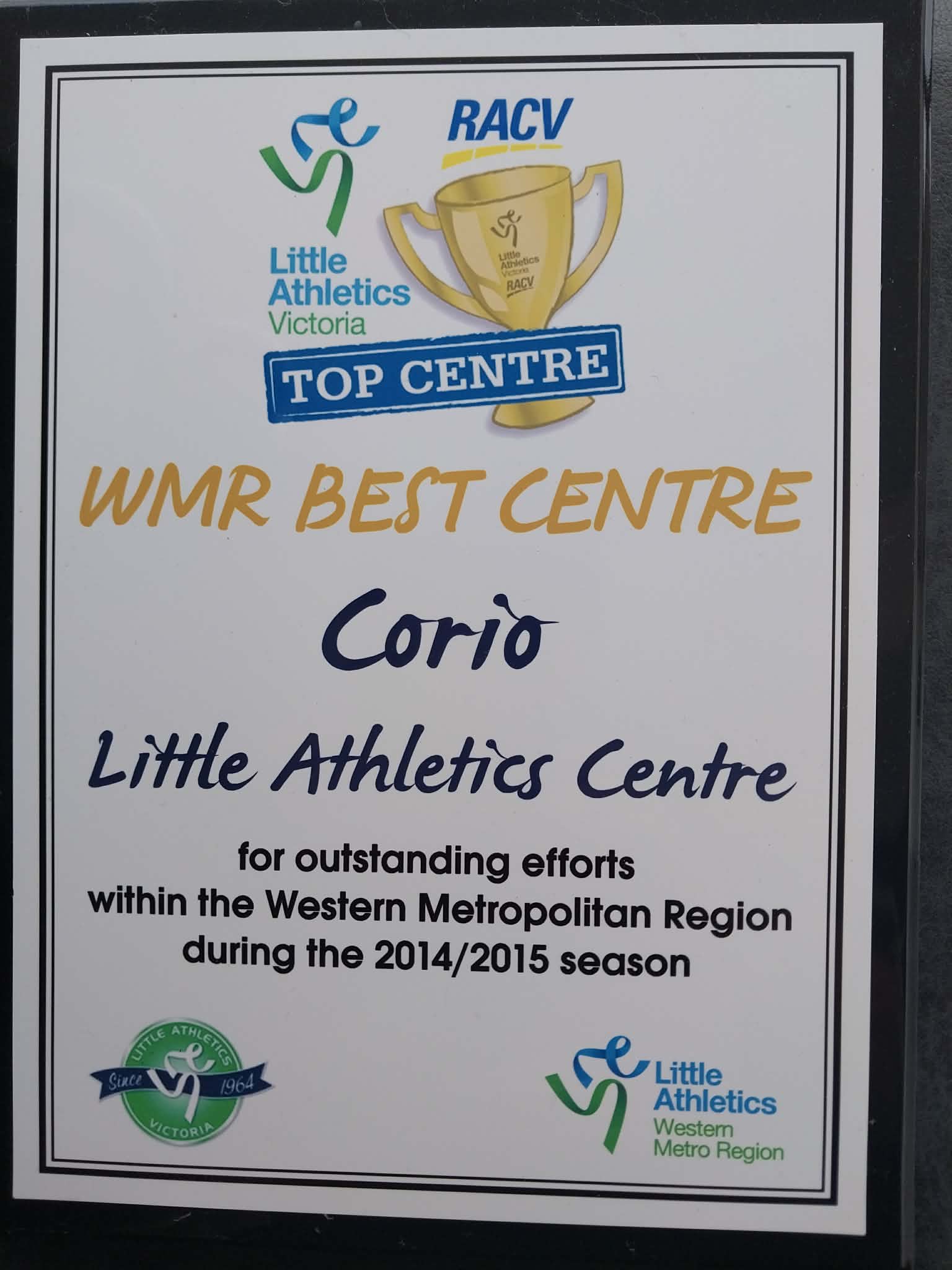 Little Athletics Victoria Centre Award 2014-15